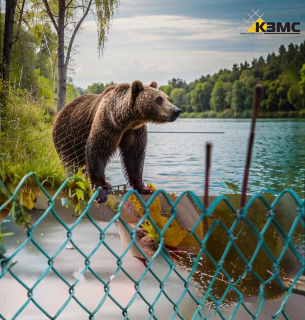 медведь ловит рыбу за забором из сетки Рабица